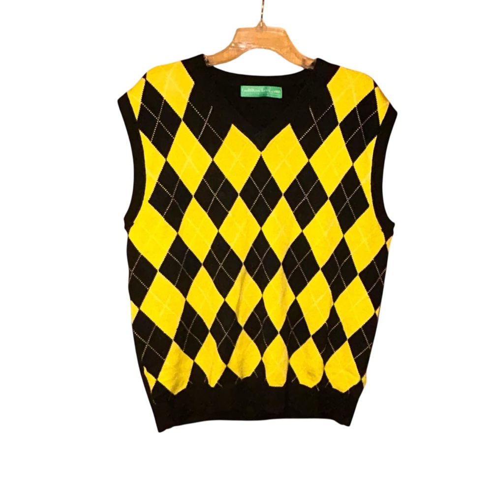 Golf Knickers Argyle‎ Sweater Vest XL Black Yellow Wool Blend V Neck Golf